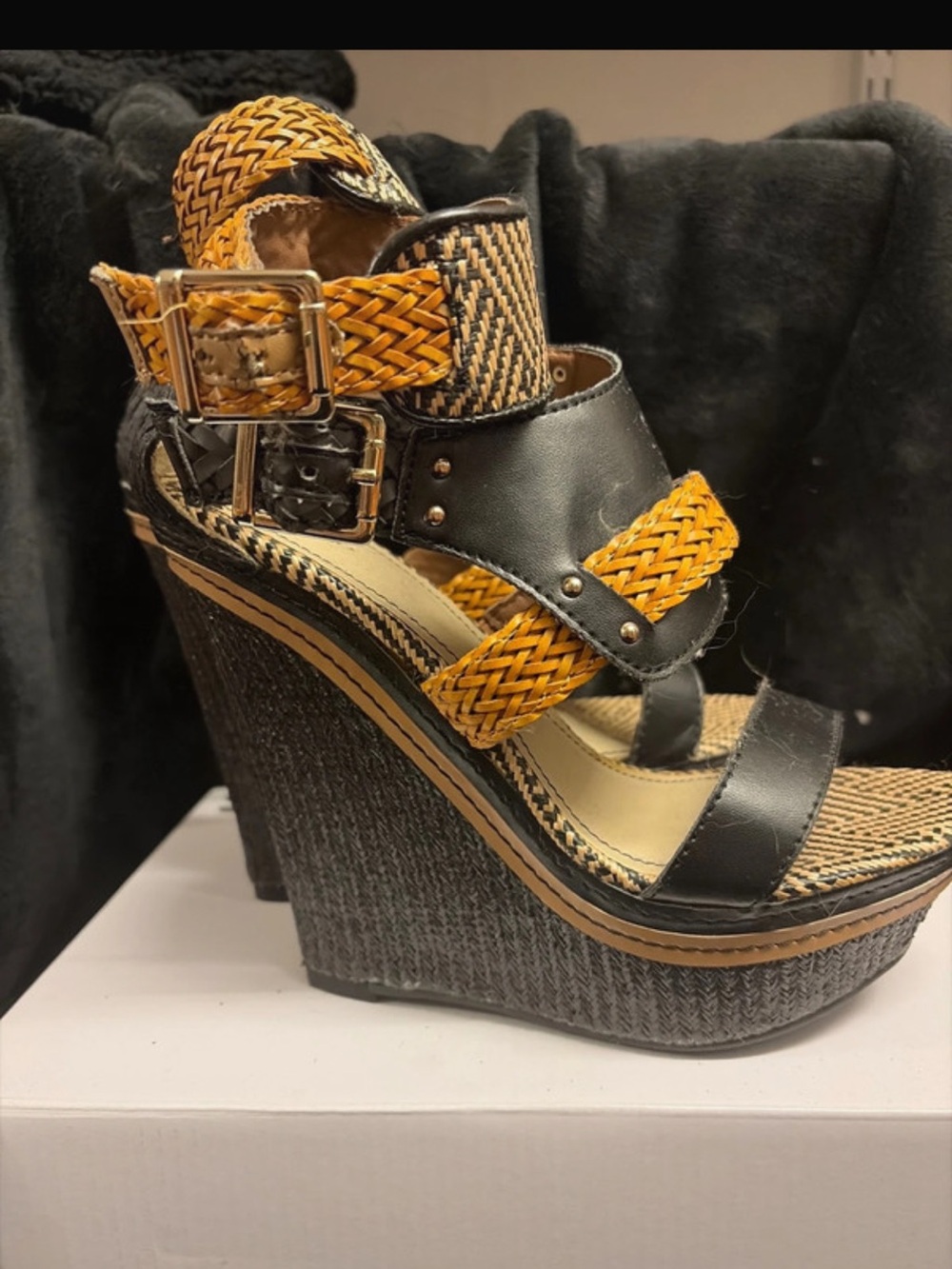 Mossimo Woven Black and Mustard Wedge Sandals